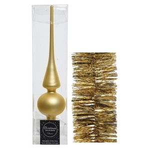 Kerstversiering glazen piek mat 26 cm en folieslingers pakket goud van 3x stuks