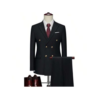 Men's Double Breasted Slim Fit 2-Piece Business Suit - Navy Blue Black / XS