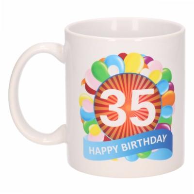35 jaar Verjaardag koffiemok - cadeau beker - feestelijke ballonnen print - 300 ml - keramiek - wit 35 jaar Verjaardag koffiemok - cadeau beker - feestelijke ballonnen print - 300 ml - keramiek - wit