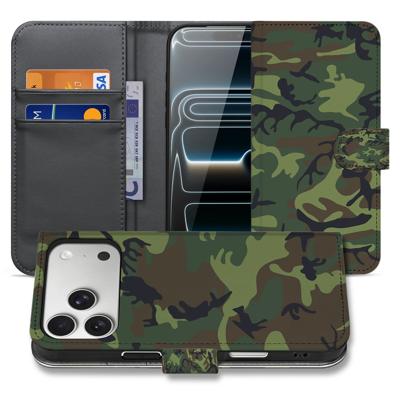 Portemonnee Hoesje iPhone 17 Pro Max Camouflage Leger Donker Met Pasjes