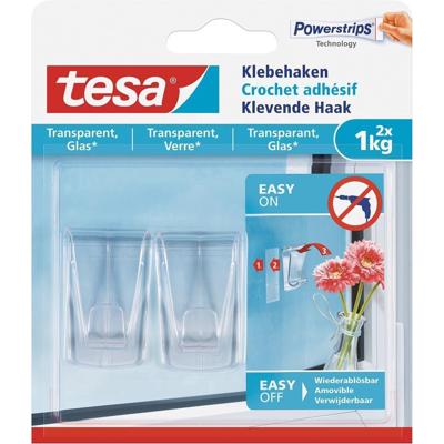 Tesa Powerstrips ophang haken - 2x - transaparant - kunststof - 1 kg - voor tegels en glas