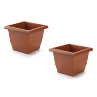 Plasticforte Plantenbak terra cotta 31 x 31 x 24 cm - 2x stuks - Bloempot bak vierkant van kunststof