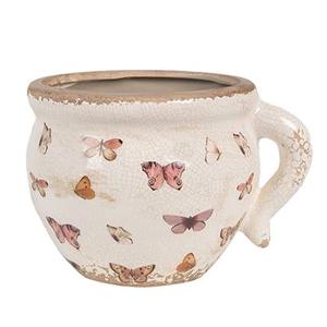 Clayre & Eef Bloempot Binnen 17x14x12 cm Beige Roze Keramiek Vlinders