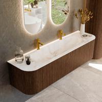 Badmeubel Mondiaz Kurve-Dlux | 170 cm | Meubelkleur Walnut | Wastafelkleur Frappe | Solid surface | Midden spoelbak | 2 kraangaten
