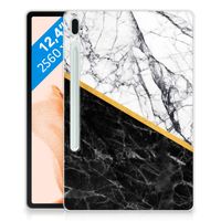 Samsung Galaxy Tab S7FE Tablet Back Cover Marmer Wit Zwart - Origineel Cadeau Man - thumbnail