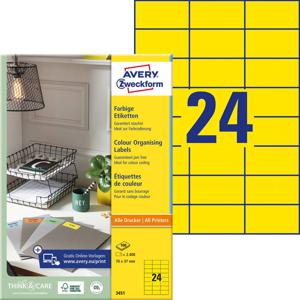 Avery-Zweckform 3451 Universele etiketten 70 x 37 mm Papier Geel 2400 stuk(s) Permanent hechtend Inkjet, Laser (zwart/wit), Laser (kleur), Kopiëren (zwart/wit)