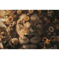 Glasschilderij - Leeuw Met Bloemen - 160 x 110 cm