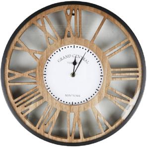 Wandklok/muur klok Grand Central - Open structuur - Dia 40 cm - hout/kunststof - beige/grijs