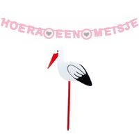Geboorte versiering meisje - ooievaar geboortebord - 100 cm hoog - vlaggenlijn roze - letterslinger - Feestdecoratievoor