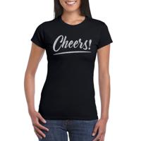 Verkleed T-shirt voor dames - cheers - zwart - zilver glitter - carnaval/themafeest