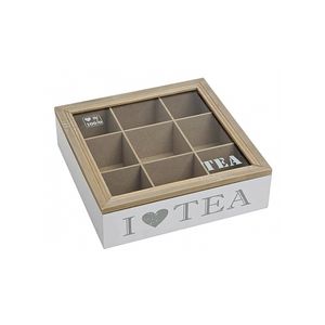 Witte houten theedoos met 9 vakken I love tea