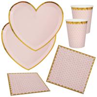 Feest wegwerp servies set - hartje - 20x bordjes / 20x bekers / 20x servetten - roze/goud