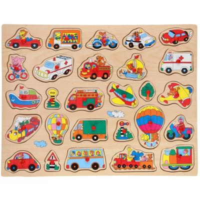 Johntoy Houten knopjes/noppen puzzel - voertuigen thema - 45 x 35 cm - speelgoed