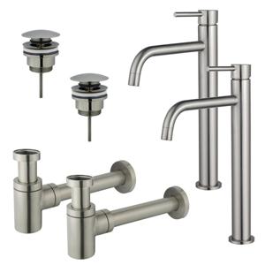 Fortifura Calvi Slim Wastafelkraanset - voor dubbele wastafel - verhoogde wastafelkraan - klikwaste plug - verlaagde design sifon - Geborsteld RVS PVD (RVS) 2x SW377859/2x SW696201/2x SW696217