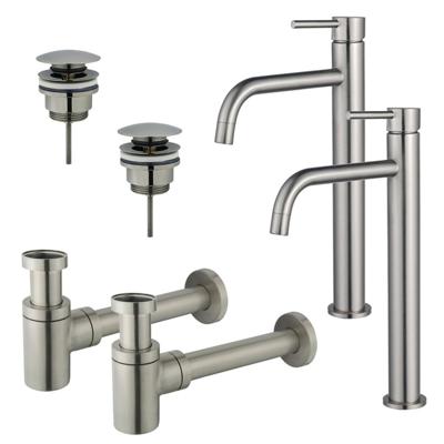 Fortifura Calvi Slim Wastafelkraanset - voor dubbele wastafel - verhoogde wastafelkraan - klikwaste plug - verlaagde design sifon - Geborsteld RVS PVD (RVS) 2x SW377859/2x SW696201/2x SW696217