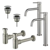 Fortifura Calvi Slim Wastafelkraanset - voor dubbele wastafel - verhoogde wastafelkraan - klikwaste plug - verlaagde design sifon - Geborsteld RVS PVD (RVS) 2x SW377859/2x SW696201/2x SW696217