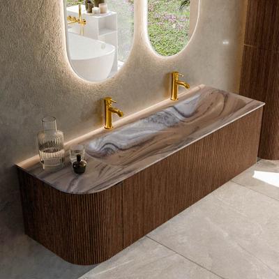 Badmeubel Mondiaz Kurve-Dlux | 145 cm | Meubelkleur Walnut | Wastafelkleur Sombra | Solid surface | Wasbak rechter zijde spoelbak | 2 kraangaten
