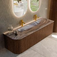 Badmeubel Mondiaz Kurve-Dlux | 145 cm | Meubelkleur Walnut | Wastafelkleur Sombra | Solid surface | Wasbak rechter zijde spoelbak | 2 kraangaten