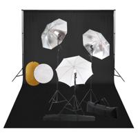 Fotostudioset met lampen, paraplu's, achtergrond en reflector