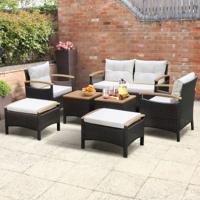 7-Delige Rotan Tuinset PE Buitenmeubelset met 1 Loveseat 2 Fauteuils 2 Poefs 2 Salontafels Acaciahouten Blad Kussens voor Patio Binnenplaats