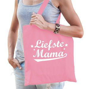 Bellatio Decorations Moederdag cadeau tas - liefste mama - roze - katoen - 42 x 38 cm - Feest Boodschappentassen