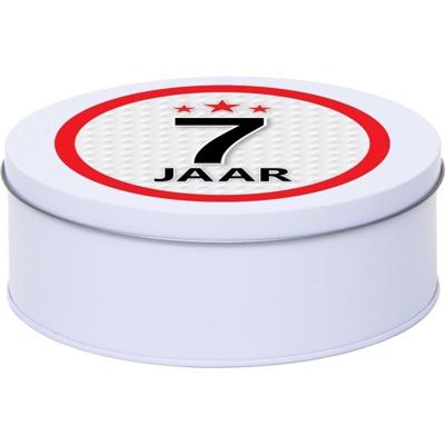 Leeftijd Snoeptrommel - koektrommel Cadeau - wit - rond blik - met 7 jaar sticker