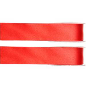 Hobby/decoratie sierlint - 2x - satijn - rood - 1,5 cm/15 mm x 25 meter - cadeaulint