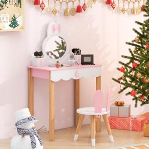 Kinderspeelgoed Kaptafel en Stoel Kinder Kaptafel Set met Spiegel Lades Opbergdoos Make-up Kaptafel Set Roze