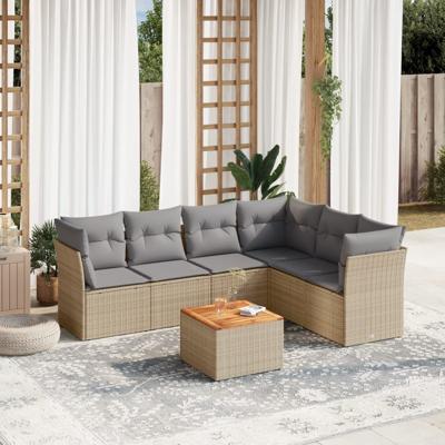 7-delige Loungeset met kussens poly rattan beige