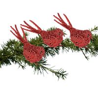 3x Kerstboomversiering glitter rode vogeltjes op clip 12 cm - Kersthangers - thumbnail