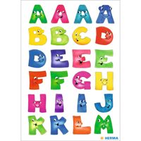 Stickervelletjes met 48x stuks plak letters A-Z gekleurde letters met gezichtjes 28 mm   -