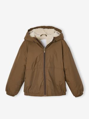 Windjack met capuchon en sherpavoering voor jongens karamel