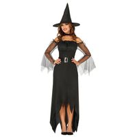 Zwarte lange heksen verkleed kostuum jurk voor dames - thumbnail