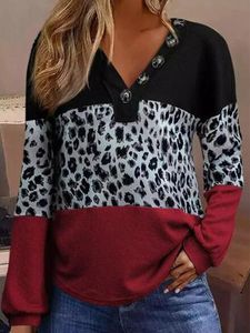 Casual V Neck Color Block Leopard Daily Top