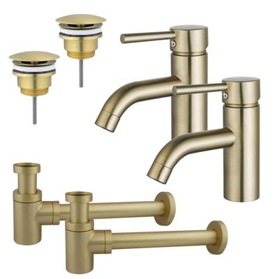 Fortifura Calvi Wastafelkraanset - voor dubbele wastafel - lage wastafelkraan - always open plug - verlaagde design sifon - Geborsteld Messing PVD (Goud) 2x SW720547/2x SW696208/2x SW696218