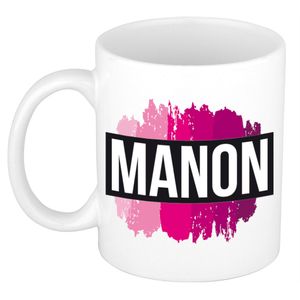 Manon naam / voornaam kado beker / mok roze verfstrepen - Gepersonaliseerde mok met naam