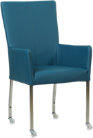 Blauwe leren moderne eetkamerstoel Deal - met armleuning poot vierkant rvs met wiel - Toledo Leer Turquoise (blauw leer)