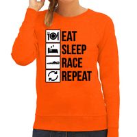 Eat sleep race repeat supporter / race fan sweater oranje voor dames - thumbnail