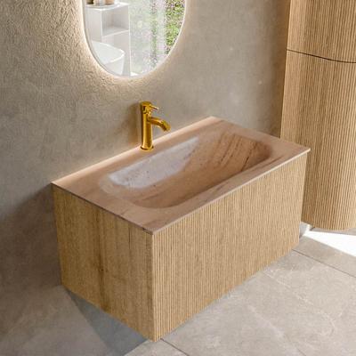 Badmeubel Mondiaz Kurve-Dlux | 80 cm | Meubelkleur Oak | Wastafelkleur Saba | Solid surface | Wasbak midden spoelbak | 1 kraangat