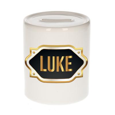 Spaarpot met voornaam Luke - wit - goud/zwart embleem - 8 x 9 cm - keramiek - afsluitdop