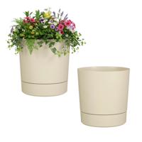 Mica Decorations Bloempot Coco - 2x - met onderschaal - beige - H24 x D23 cm - kunststof - buiten