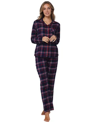 Rebelle dames pyjama Flanel -Donker Blauw - 100% katoenen pyjama met knoopsluiting en lange mouwen