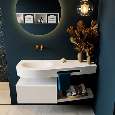 MONDIAZ RIVA 120cm badmeubel onderkast / planchet kleur Linen met 1 lade. Wastafel DULCET links 0 kraangaten kleur Talc. MONDIAZ RIVA 120cm badmeubel onderkast / planchet kleur Linen met 1 lade. Wastafel DULCET links 0 kraangaten kleur Talc.