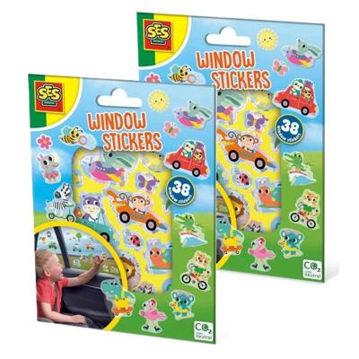 Raam/autoraam kinder stickers - 2 setjes - herbruikbaar - dieren en voertuigen