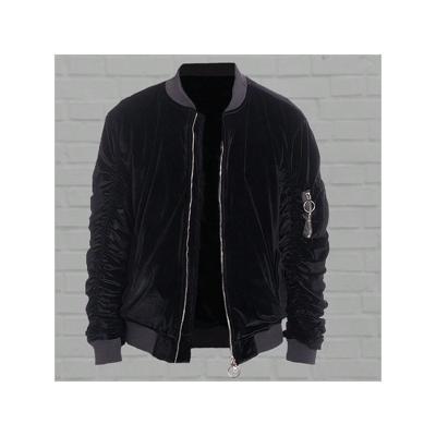 Men's Black Velour Bomber Jacket - Ruched Sleeve Streetwear Black / L