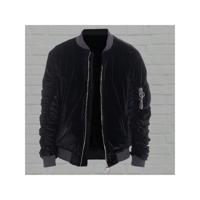 Men's Black Velour Bomber Jacket - Ruched Sleeve Streetwear Black / L