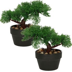 Kunstplant bonsai boompje in pot - 2x - Japans decoratie - 19 cm - Type Moss