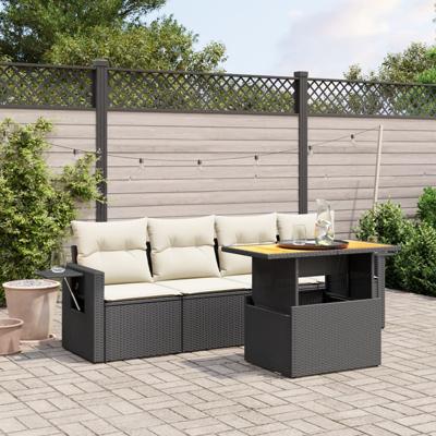 5-delige Loungeset met kussens poly rattan zwart