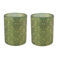 2x stuks luxe theelichthouder/kaarsenhouder - olijfgroen/goud - glas - D8 x H10 cm - thumbnail