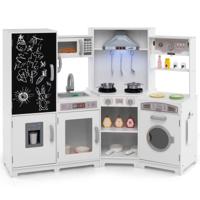 Houten Kinderkeuken met Licht en Geluid Hoek Speelkeuken met Krijtbord Magnetron en Gootsteen Houten Keuken Wit